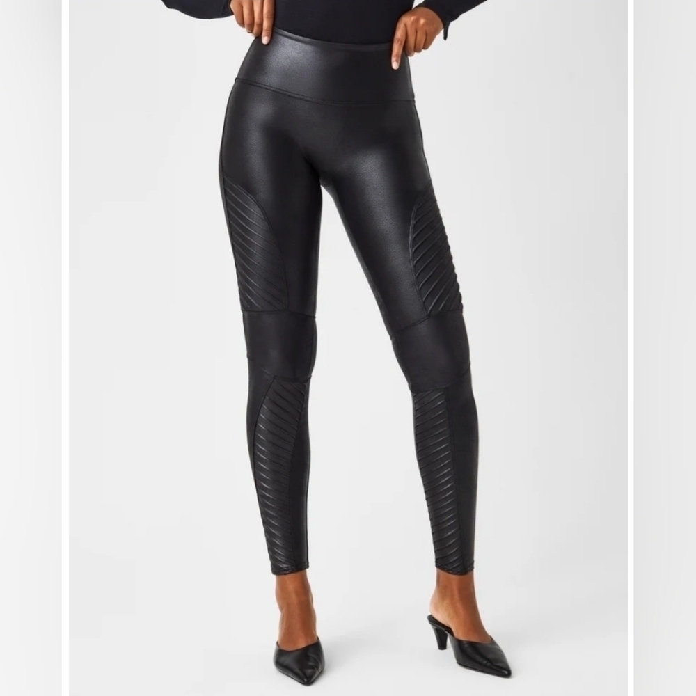 SPANX Faux Leather Moto Leggings Black High Rise Shaping Women's SP - Picture 4 of 13